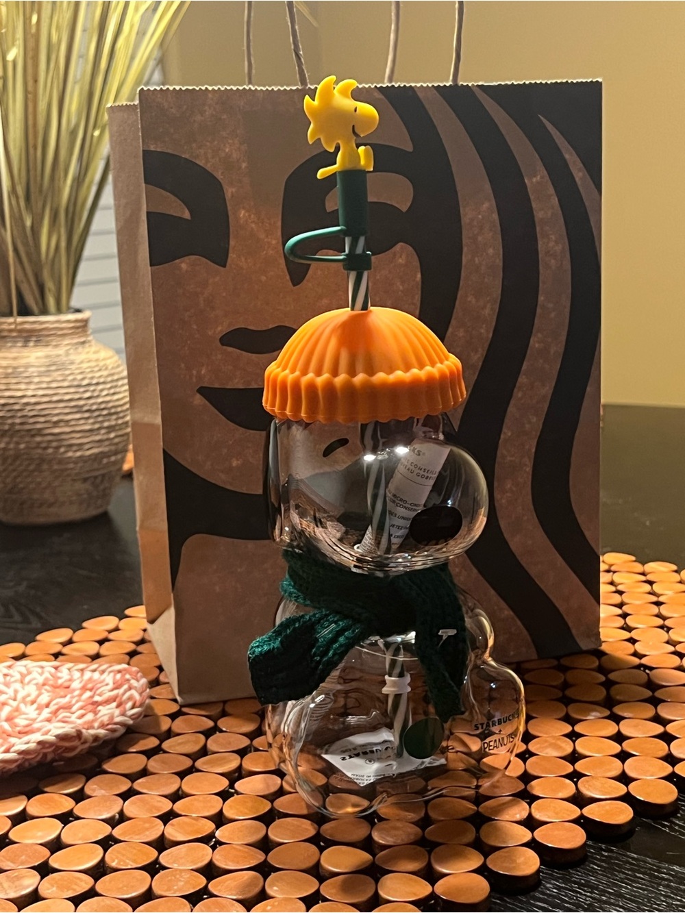 Starbucks Clear Glass Snoopy Snowman with Orange Hat and Green Scarf
